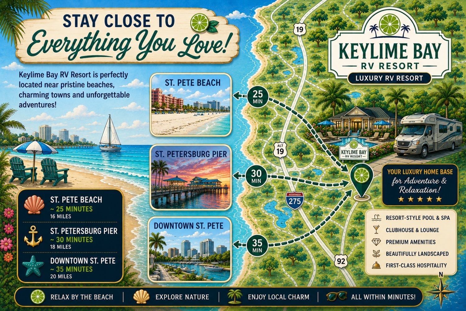 Map showing KeyLime Bay RV Resort near St. Petersburg, Florida