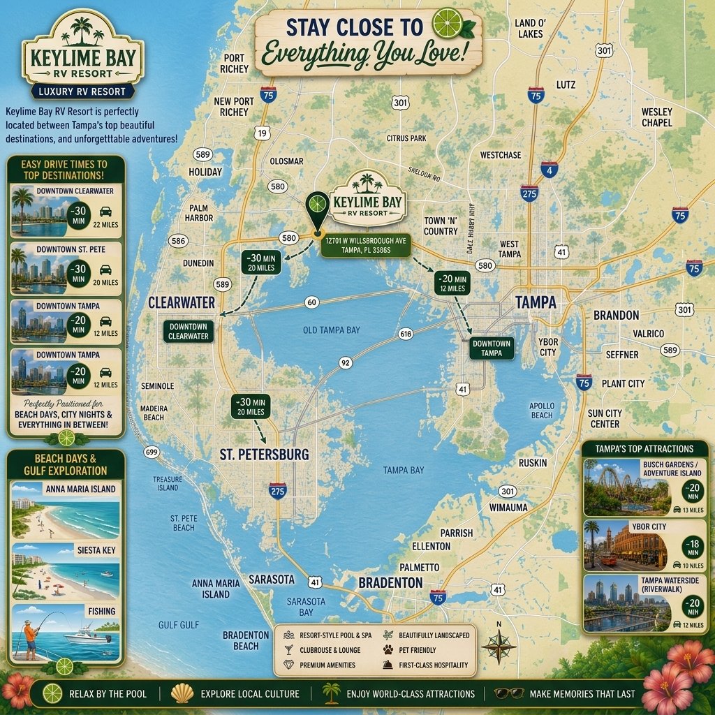 Map showing KeyLime Bay RV Resort near Longboat Key, Florida